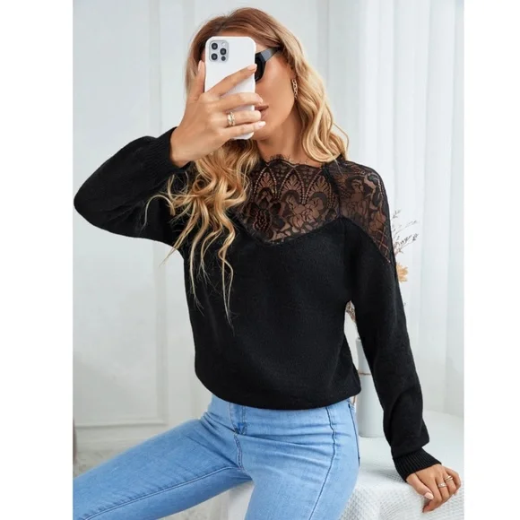 Lace Detail Black Knit Sweater - Picture 4 of 8